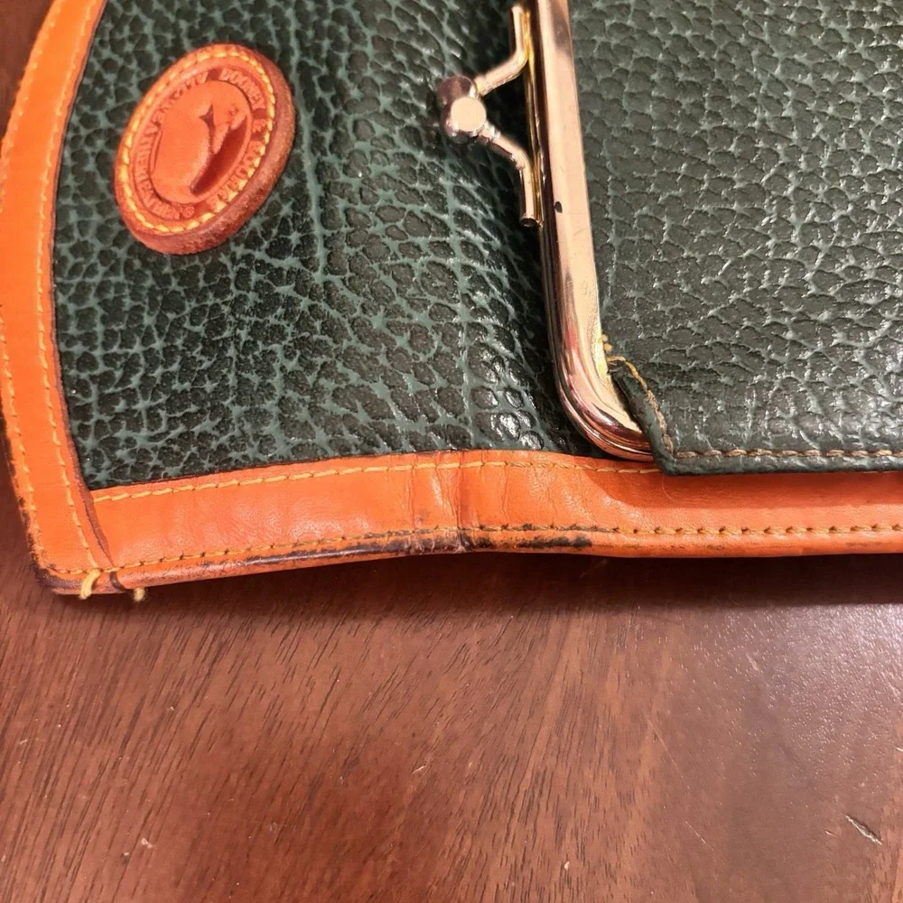 Dooney & Bourke All Weather Leather Green Tan Kiss Lock Wallet Coin Purse